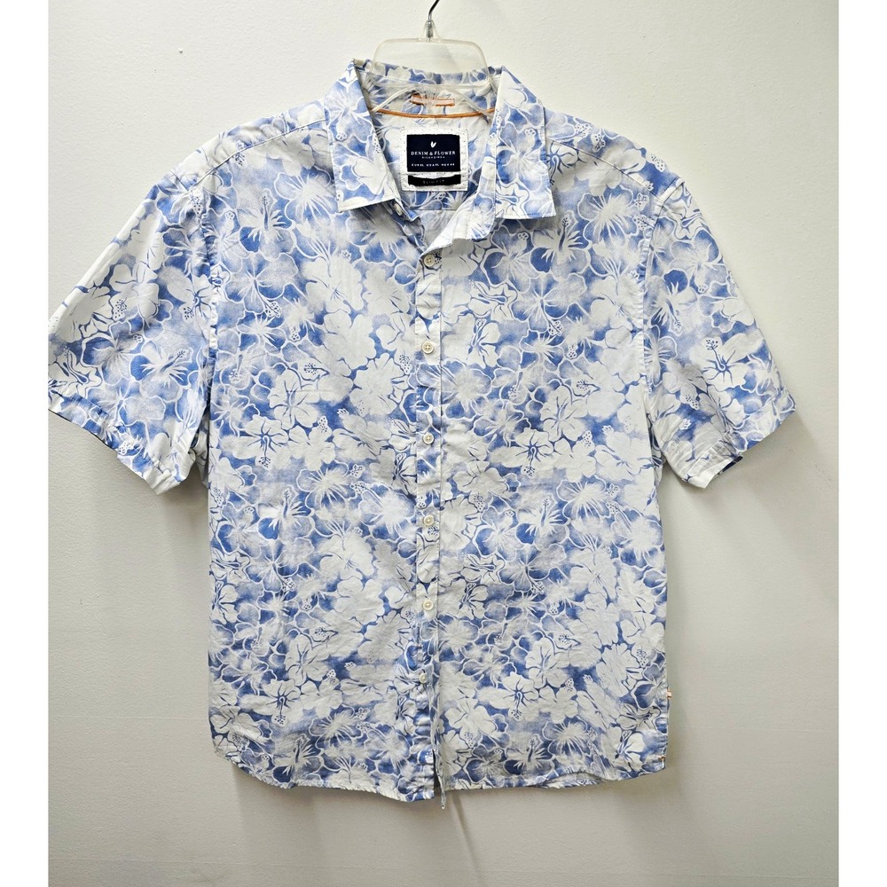 Denim & Flower Ricky Singh Mens XL Slim Blue White Floral Short Sleeve Button Up